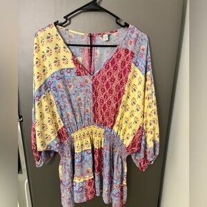 Cato Women Floral Ruffle Patchwork Tiered Top  Boho Flowy Hippie Peasant 18/20W